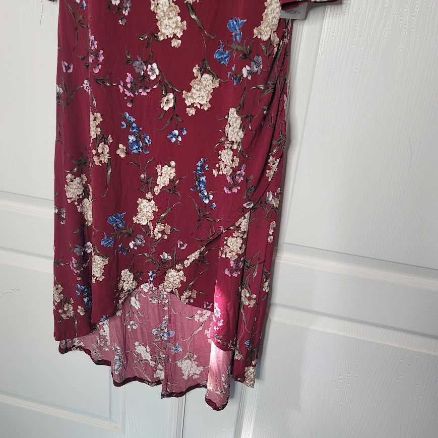 NEW West Kei Burgundy Floral Midi Dress LARGE Hi Low Hem Asymmetrical Collar