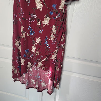NEW West Kei Burgundy Floral Midi Dress LARGE Hi Low Hem Asymmetrical Collar