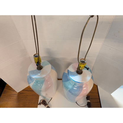 Vintage Montgomery Ward Pastel Ceramic Table Lamps Set Blue Pink Swirl Retro