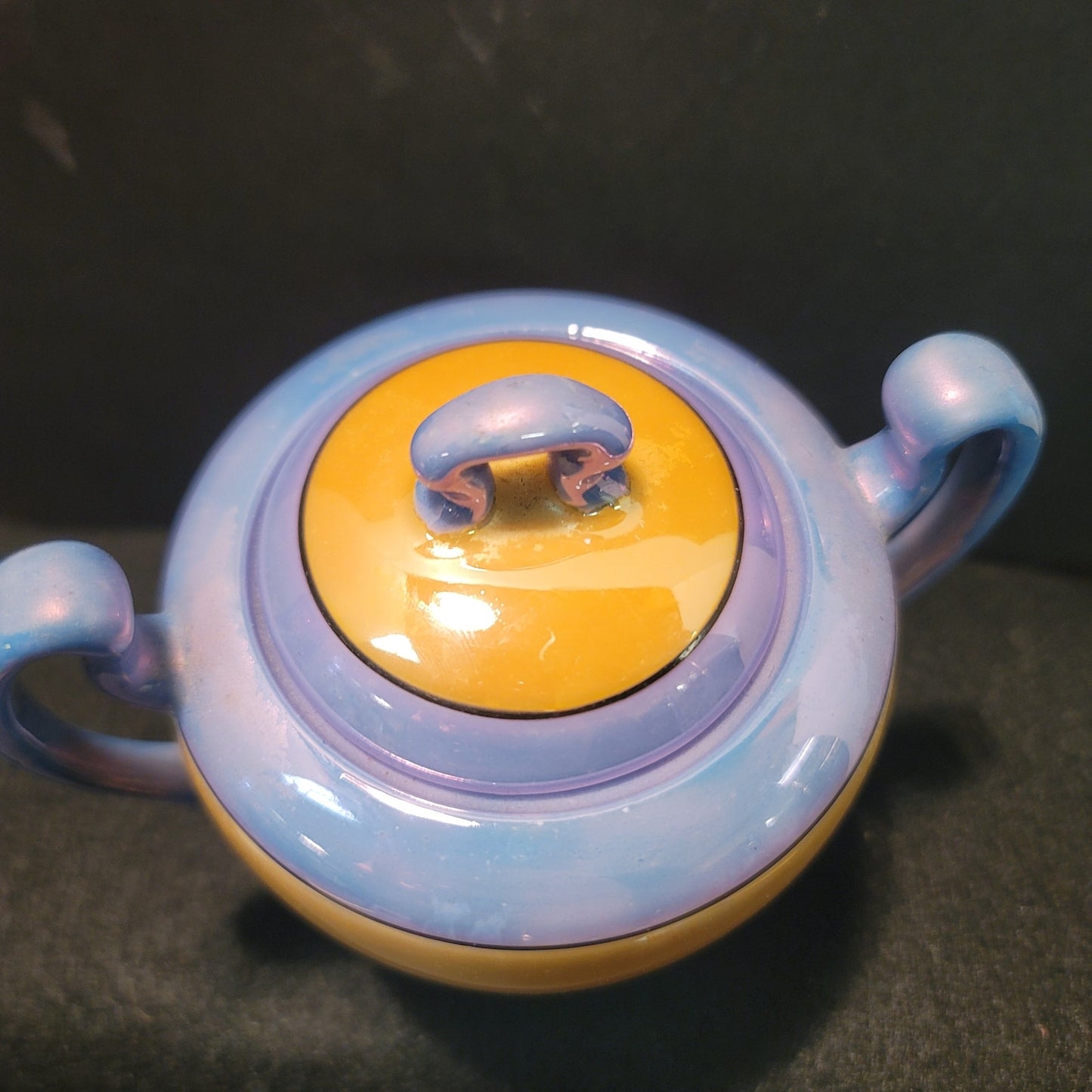 Takito Golden Orange Blue Lusterware Vintage Japanese lidded sugar bowl handles