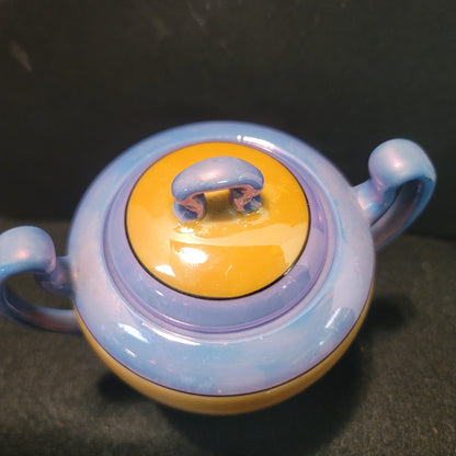 Takito Golden Orange Blue Lusterware Vintage Japanese lidded sugar bowl handles