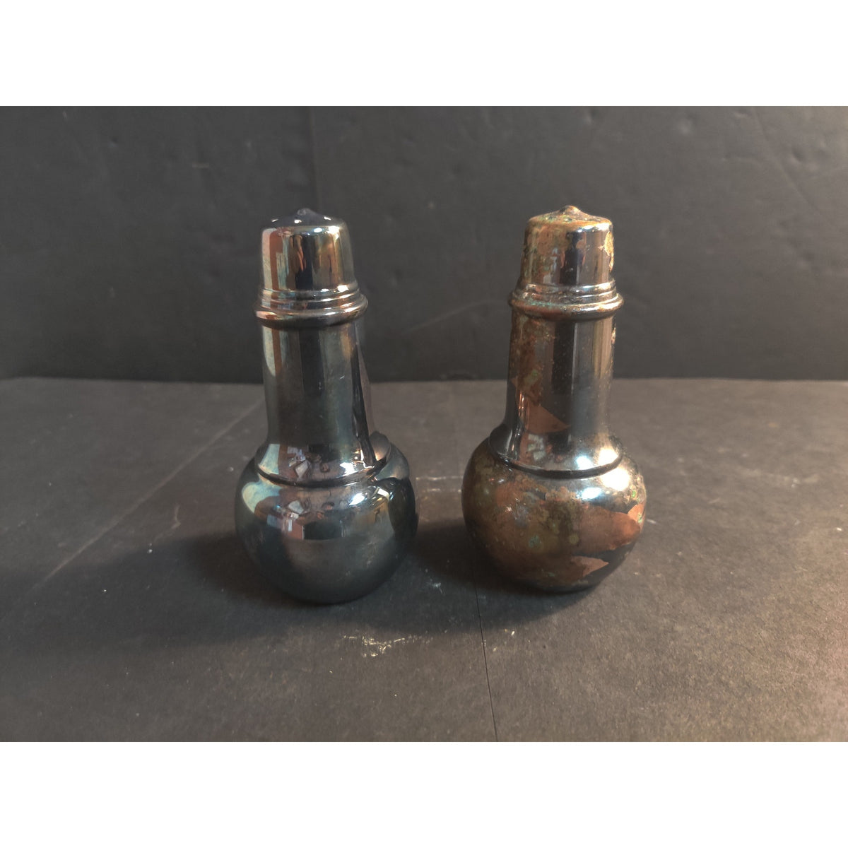 Vintage Metal Salt And Pepper Shakers Pair Tarnished No Stoppers