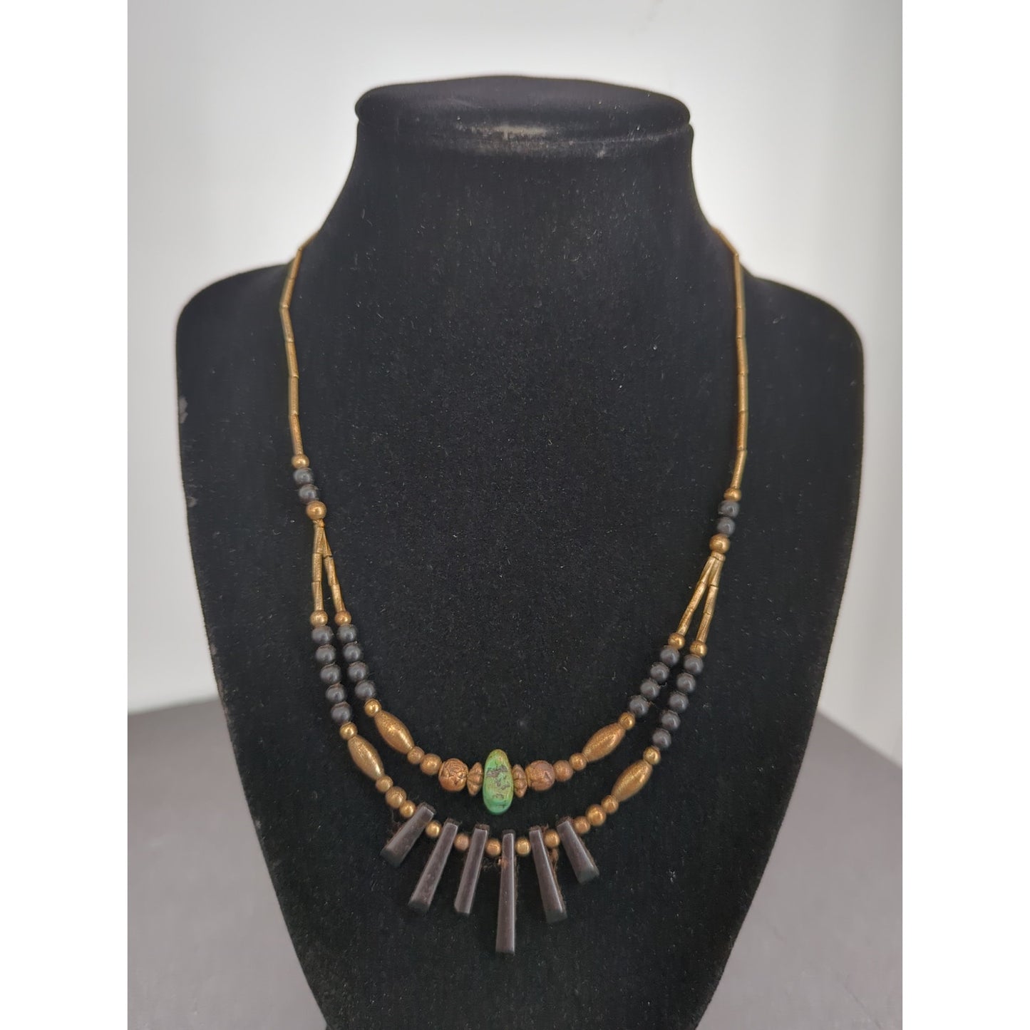 Vintage Brass Beaded Fringe Necklace Turquoise Pendant Boho Tribal Statement