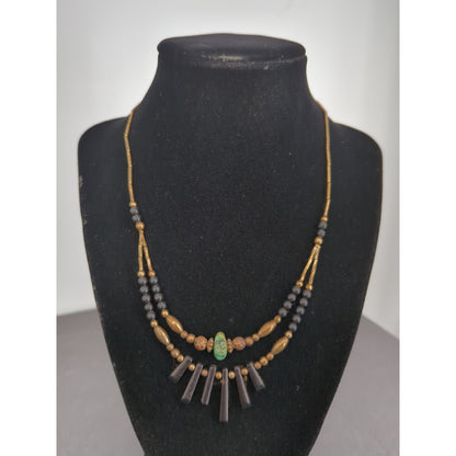 Vintage Brass Beaded Fringe Necklace Turquoise Pendant Boho Tribal Statement