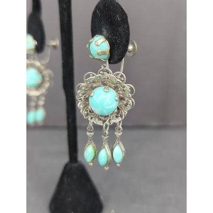 Vintage Y2K Turquoise Silver Tone Filigree Chandelier Screw Back ClipOn Earrings