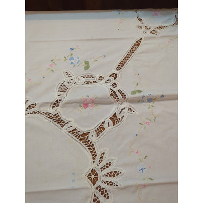 Vintage Hand-Embroidered & Cutwork Lace White Oval Tablecloth Pastel Florals