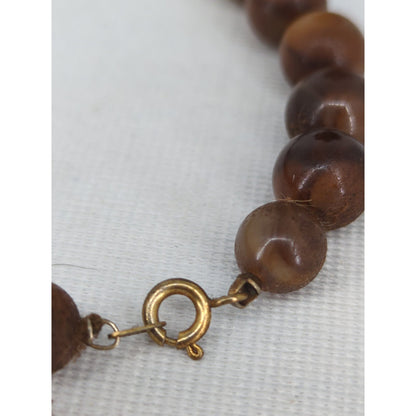 Vintage Brown Beaded Statement Necklace Gold Tone Cylindrical Beads Boho Tribal