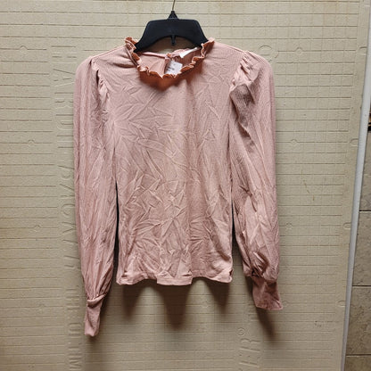 LUSH small ribbed long puff sleeve blouse top Mauve ruffle neck stretch light