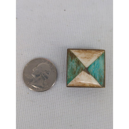 Vintage Pyramid Turquoise Patina Brass Clip-On Earrings Statement Southwestern