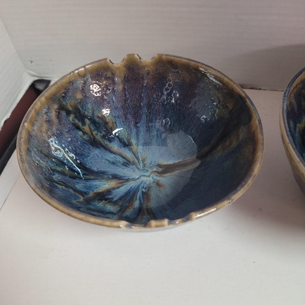 Pair 2 Notched Bowls 7" x 3.5" Blue Brown earthtone Jake Julie Bond Art Pottery