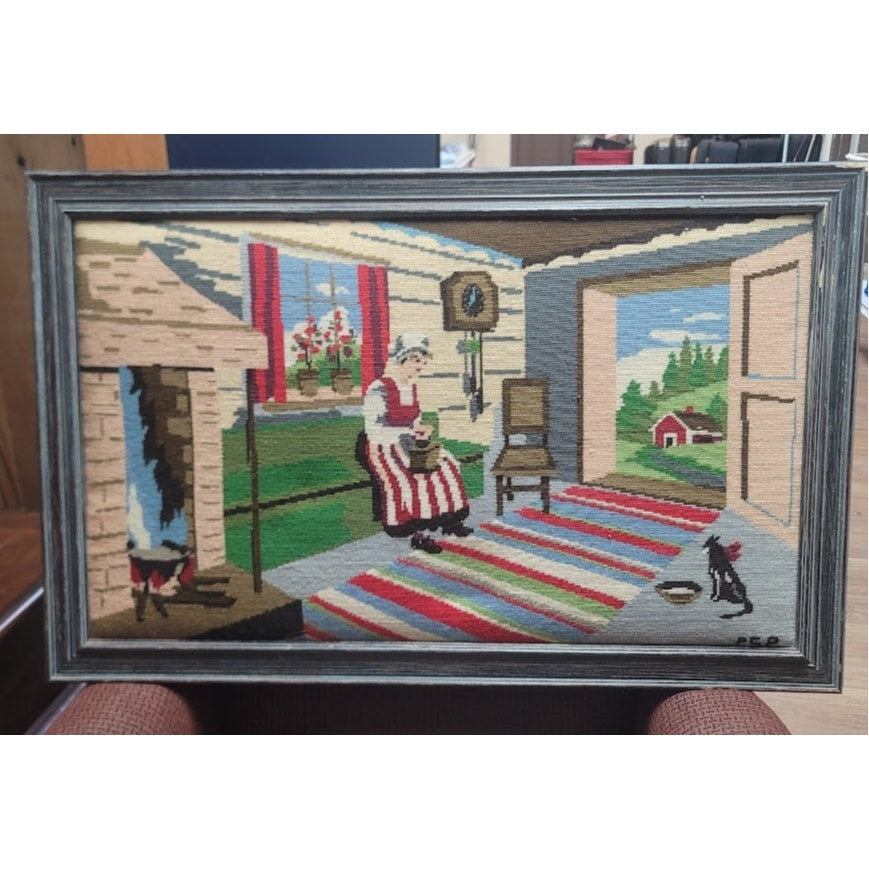 Vintage LARGE NEEDLEPOINT Colonial woman fireplace Cat primitive Textile Art 34"