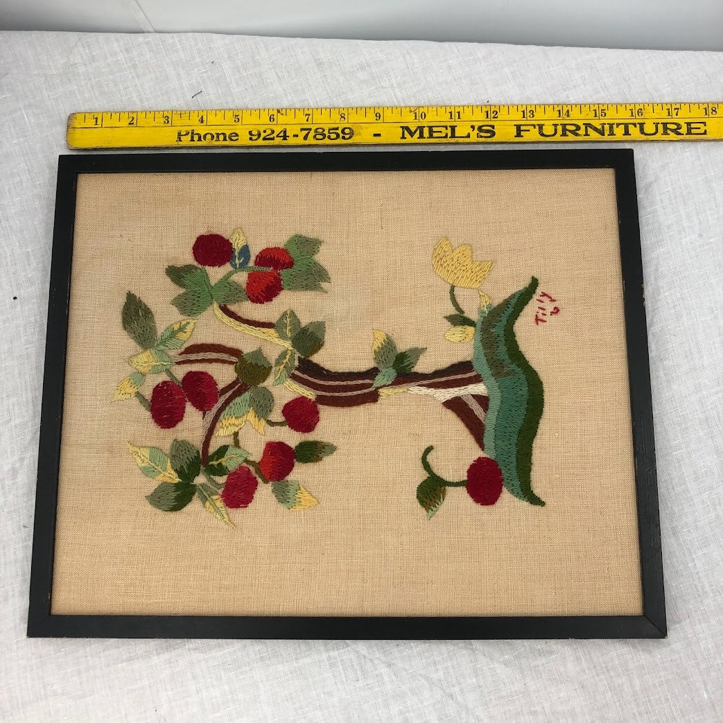 Vintage Crewel Cherry Tree Handmade by Tilly 1961 framed some water stains 12x16