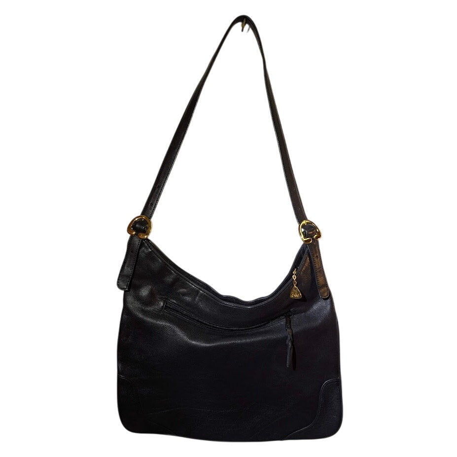 Brio! Vintage 80s Black Pebble Leather Crescent Hobo Shoulder Bag Gold Charm