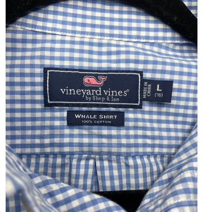 Vineyard Vines Shirt Boys Large 16 Whale Button Up Gingham Plaid Blue White