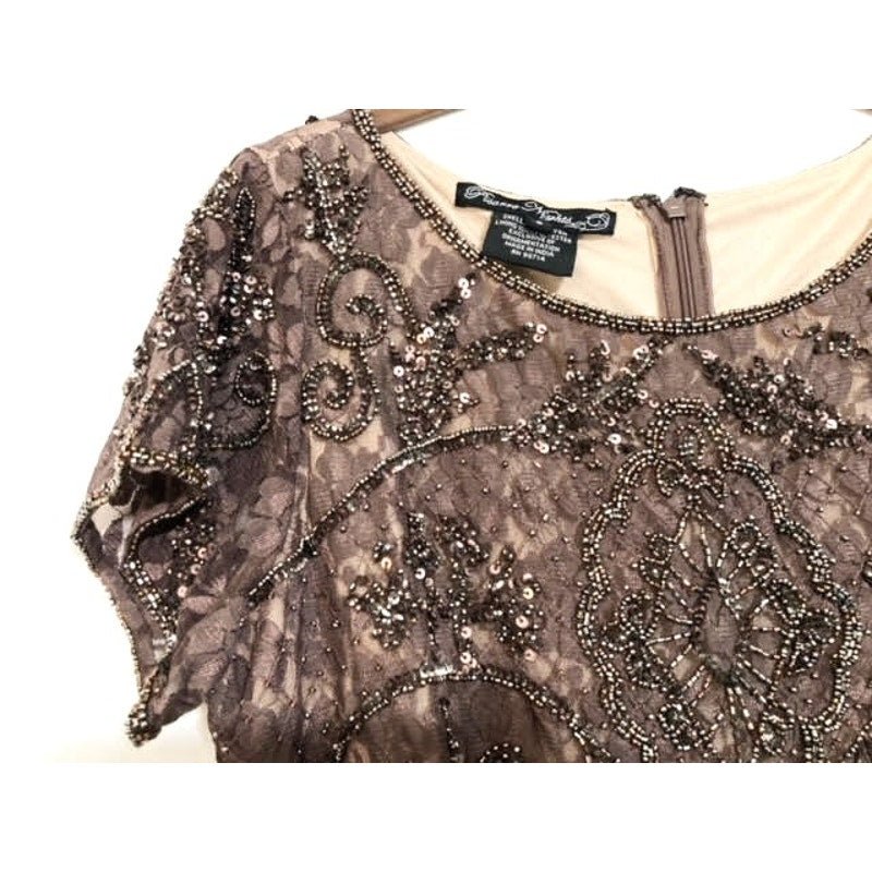Pisarro Nights Art Deco Beaded Mesh Cocktail Dress Size 8 in Coffee Latte NWT