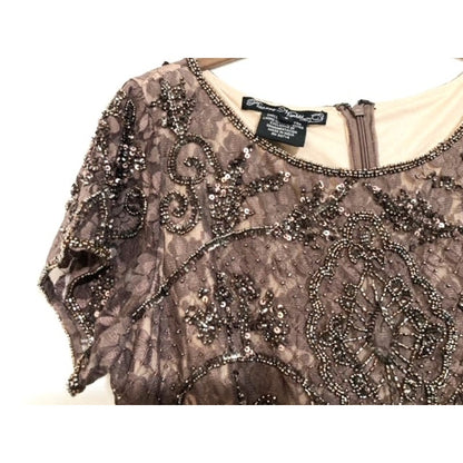 Pisarro Nights Art Deco Beaded Mesh Cocktail Dress Size 8 in Coffee Latte NWT