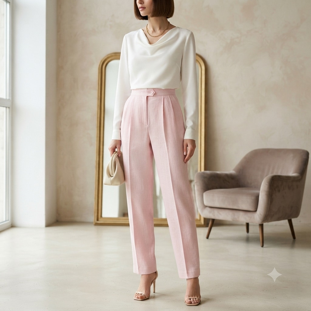 Herve Bernard Pink Linen Size 4 Lined Pants Pleated Front High Waist lined
