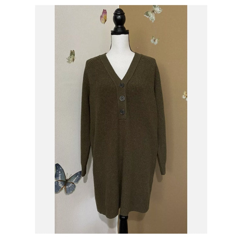 Madewell Henley Sweater Dress Heather Elm Green Buttons Wool Retail Size xs NEW
