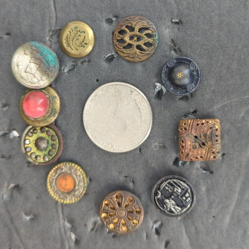 LOT Q of 10 Antique Vintage Victorian Brass Mixed Materials Buttons ESTATE FIND