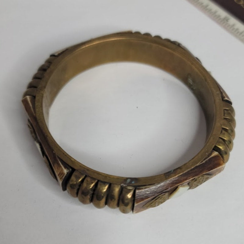 Wood Brass bone bracelet Vintage Viking MCM brown goldtone Bone Viking bangle