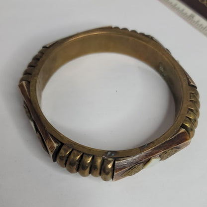 Wood Brass bone bracelet Vintage Viking MCM brown goldtone Bone Viking bangle