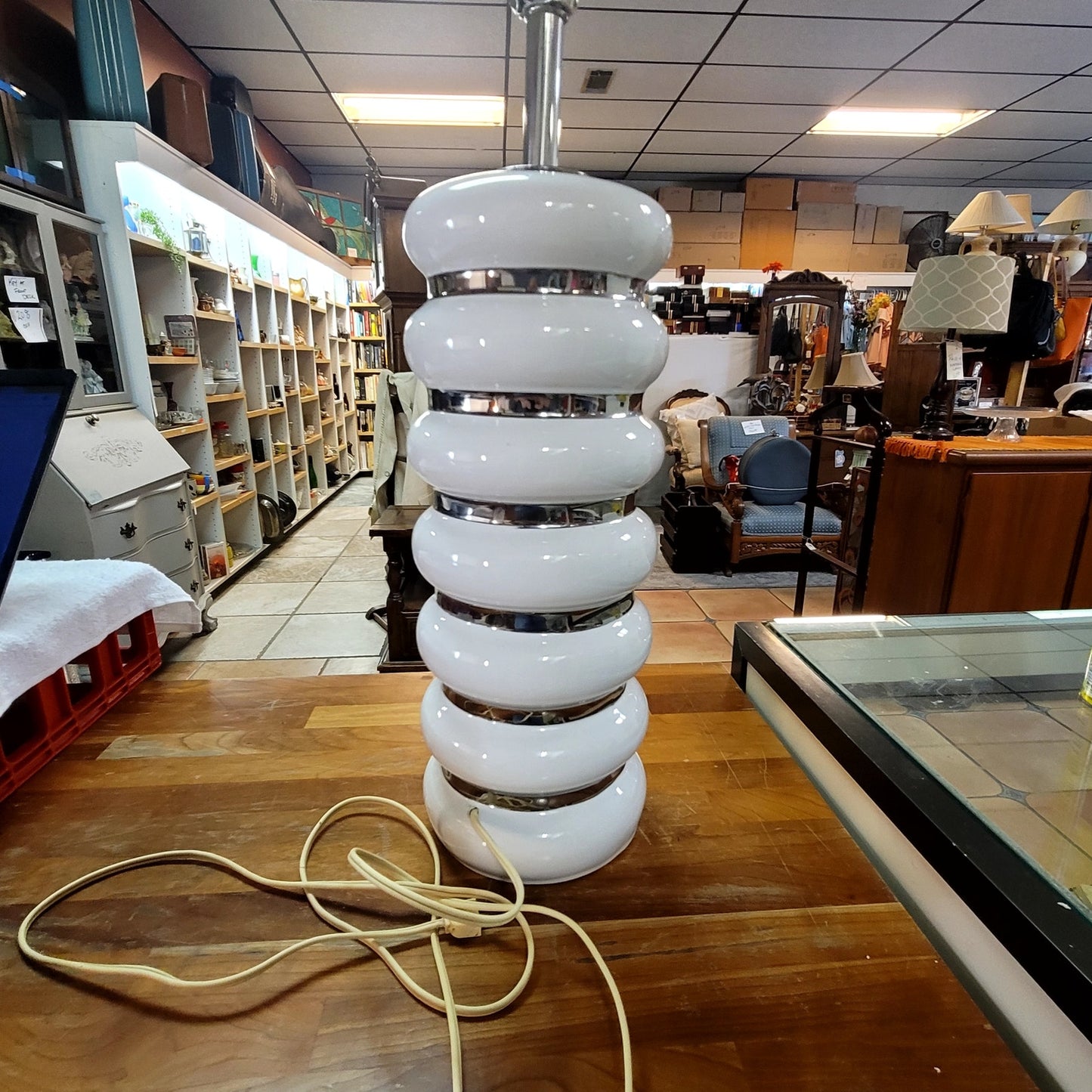 1960s MCM French Moderne White Silver Ring Round stacked lamp 22" x 6"