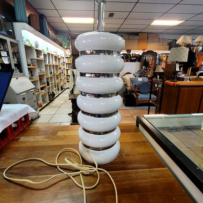 1960s MCM French Moderne White Silver Ring Round stacked lamp 22" x 6"
