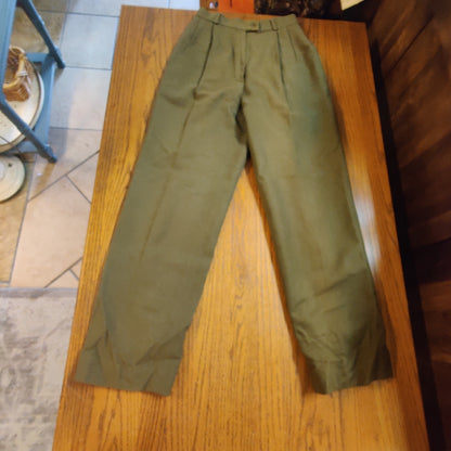 Vintage High Waisted Pleated Front Olive Green 100% Wool Pants Lined 4 Pockets
