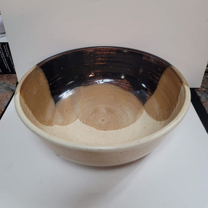 Handmade 1980s art pottery earthtone Signed Rusty 80 bowl 9" Brown Cream Tan