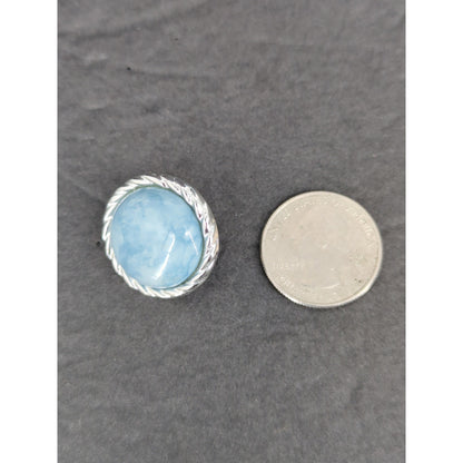 Vintage Pale Blue Faux Pearl Button Circle 80s Rhinestone Halo Clip On Earrings