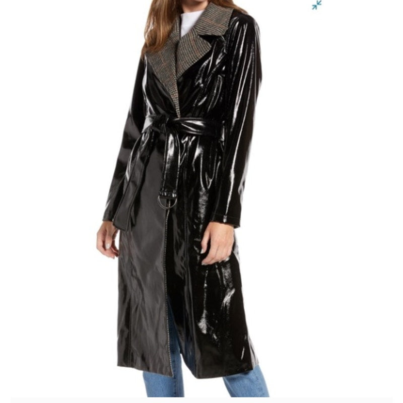 Something Navy Gloss Trench Coat Belted Black Size Medium goth matrix Jacket NEW