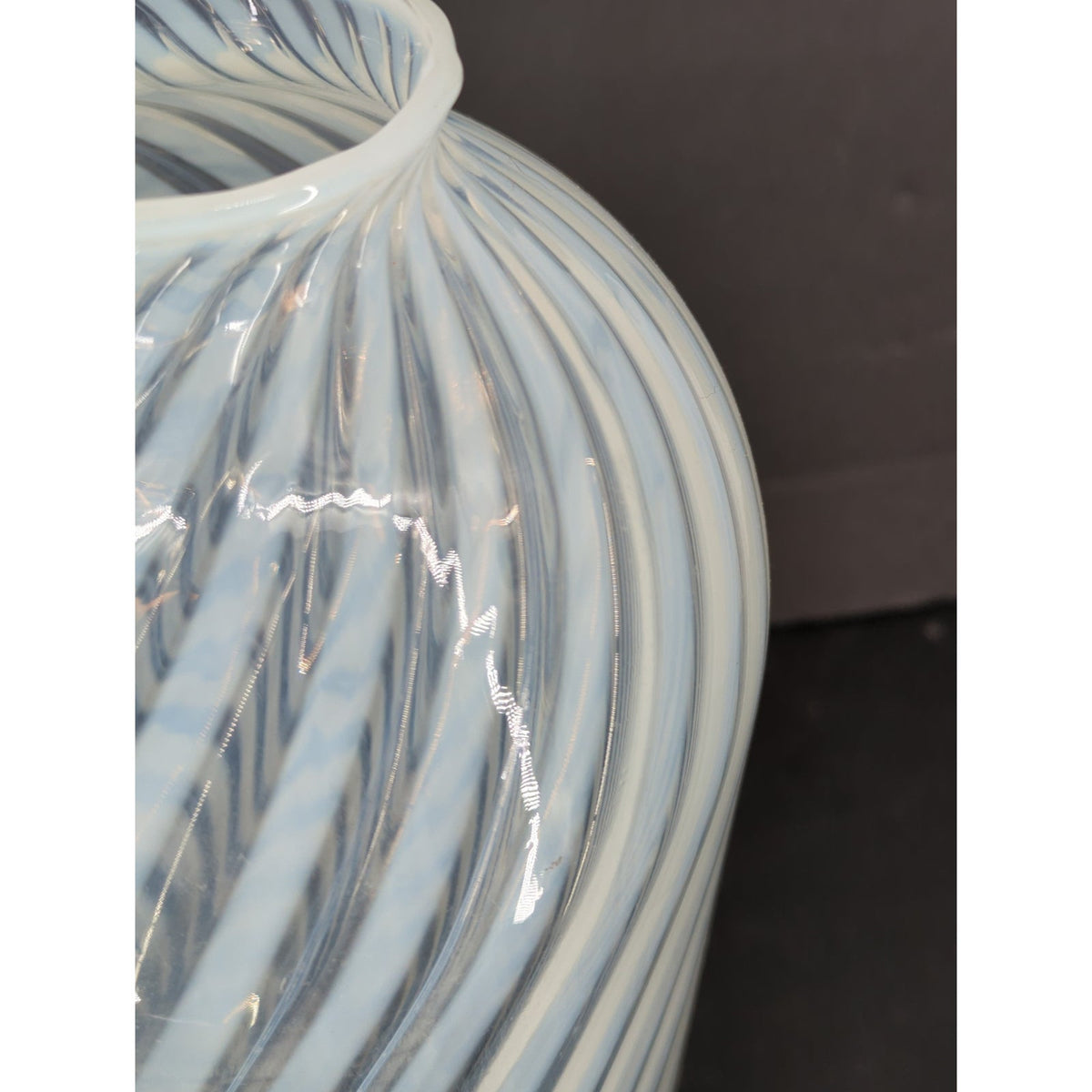 Vetro Murano Style White Swirl Art Glass Vase 14" Stripe Fluted Rim Delicate