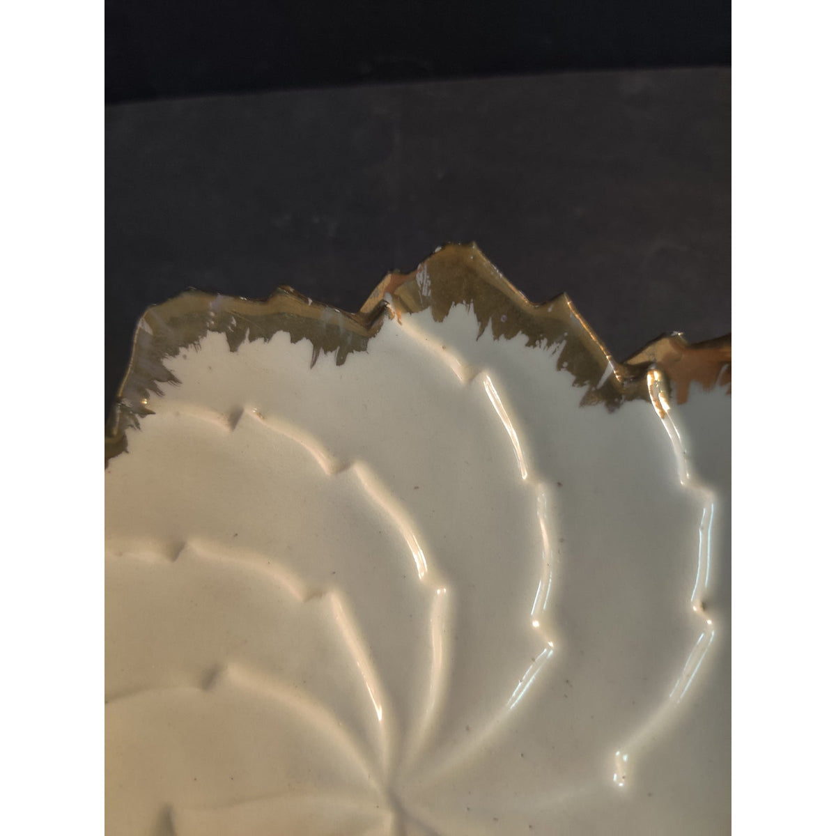 Vintage 1967 Handmade Ceramic Spiral Dish Gold Trim Ruffled Edge