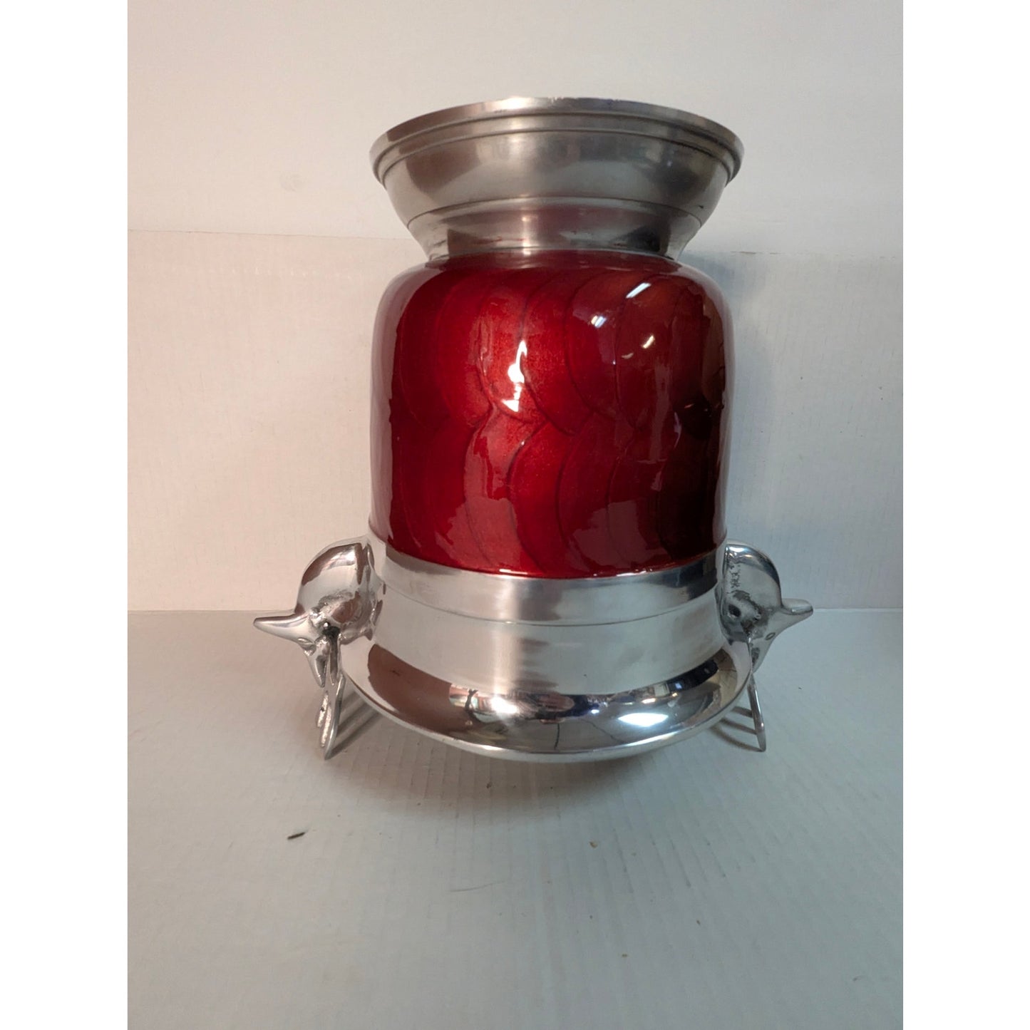Vintage Red Enamel & Silver Stag Head Ice Bucket champagne Cabin Ski lodge