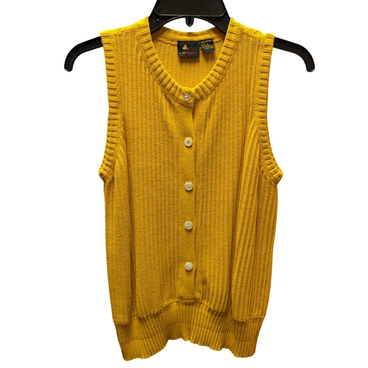 Vintage LizSport Mustard Yellow Ribbed Knit Button Front Sweater Vest Cardigan