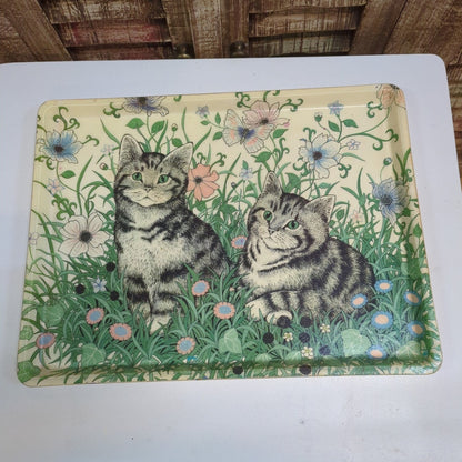 vintage 1970s Mikasa fiberglass serving tray floral design two gray tabby cats