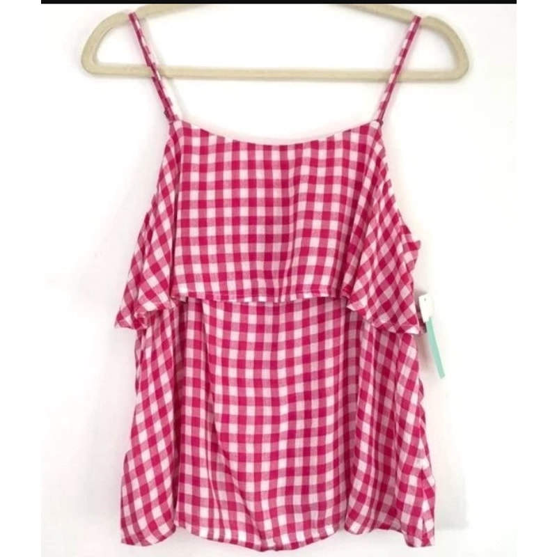 New Abound Gingham Tiered Layered Ruffle Camisole Tank Top Pink White Medium