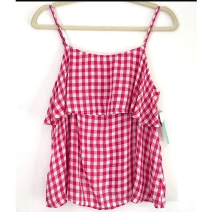 New Abound Gingham Tiered Layered Ruffle Camisole Tank Top Pink White Medium