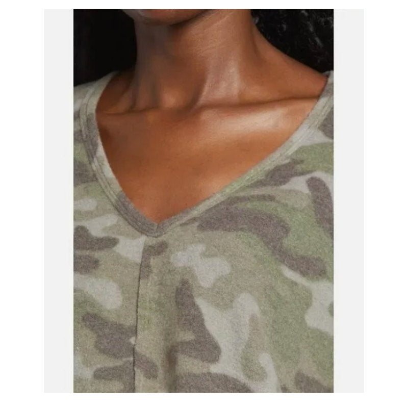 LA LA LAND CREATIVE new V- Neck Boxy Crop Green Camouflage Fleece Top Medium