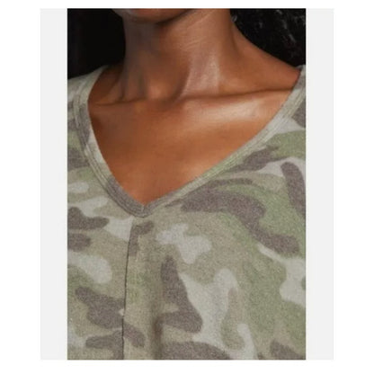 LA LA LAND CREATIVE new V- Neck Boxy Crop Green Camouflage Fleece Top Medium