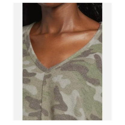 LA LA LAND CREATIVE new V- Neck Boxy Crop Green Camouflage Fleece Top Medium
