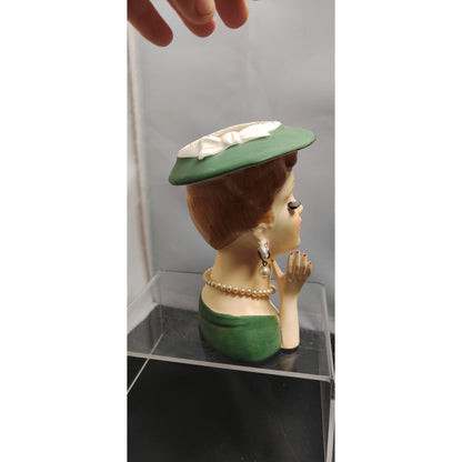Vintage 1950s Redhead Lady Head Vase Planter Green Hat Collectible Kitsch