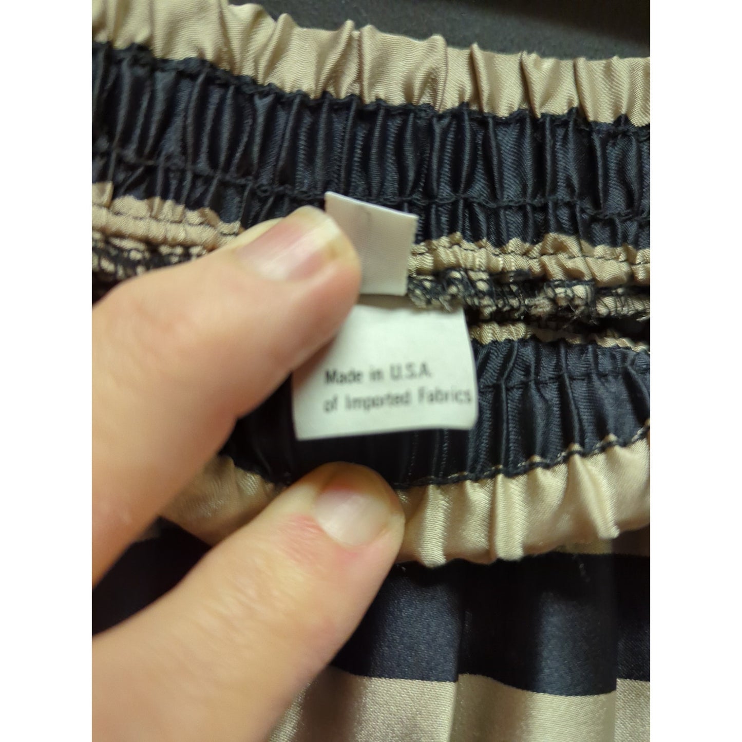 Russ Vintage Pleated Midi Skirt Size 12 Black & Tan Striped Satin Made in USA