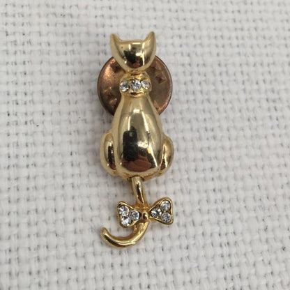 Cat and Mouse moving tail Pins Tie tacks Faux gold crystal and emerald chips