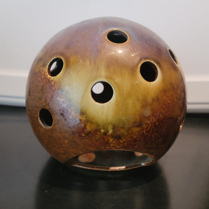 Vintage Ikebana vase orb sphere Ceramic brown glaze Approx. 7" Art Pottery