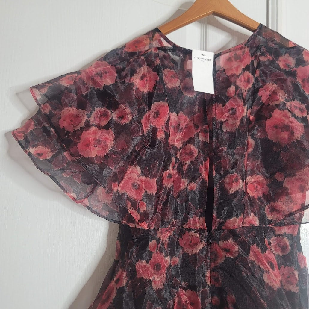Topshop NEW Organza Size 4 womens MINI flounce Dress Sheer floral Poppies