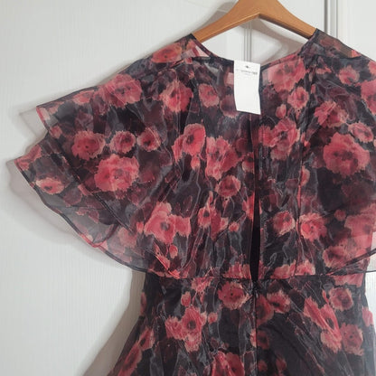 Topshop NEW Organza Size 4 womens MINI flounce Dress Sheer floral Poppies