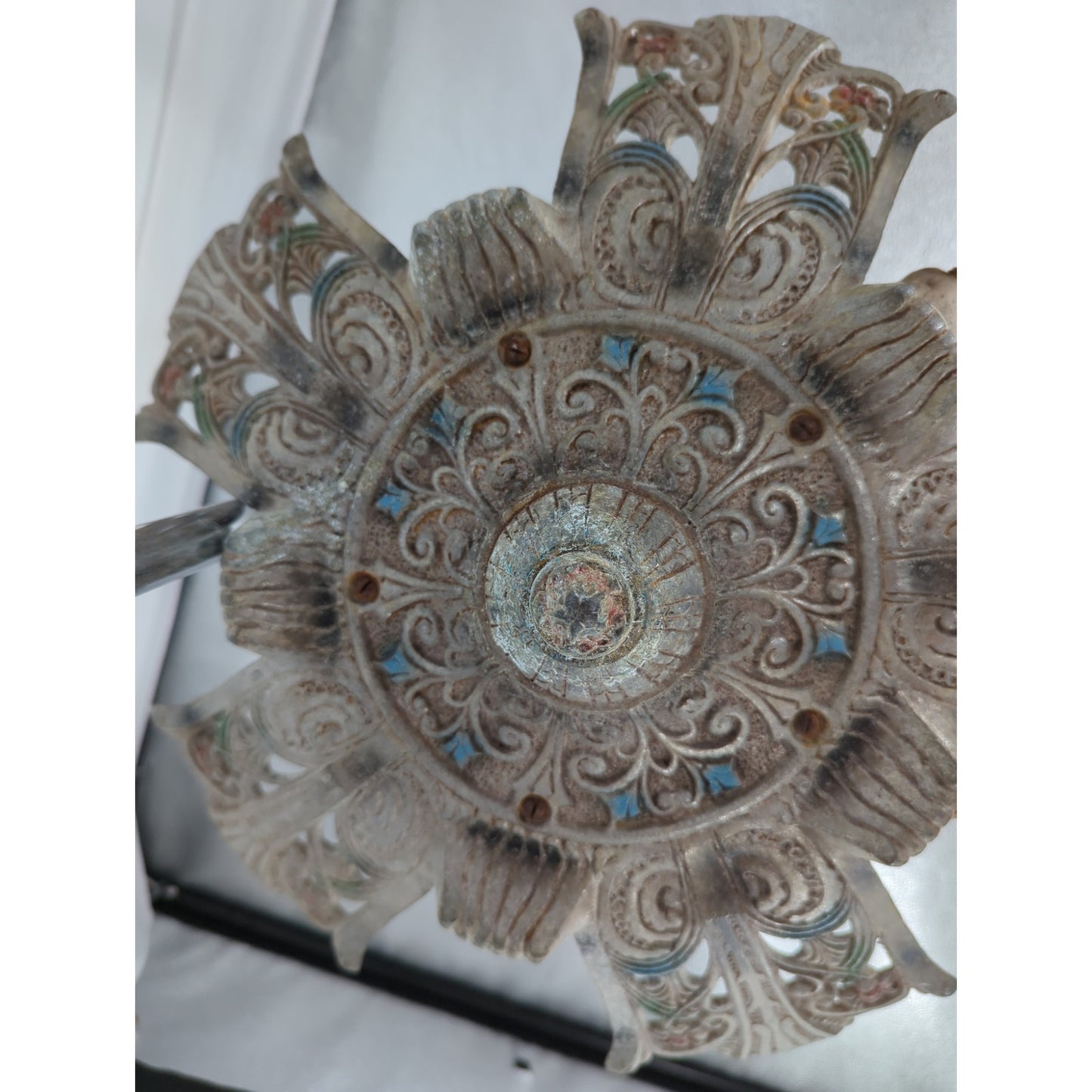 1930s Art Deco Slip Shade 5 Light Chandelier Fixture Restoration Cast Alumium