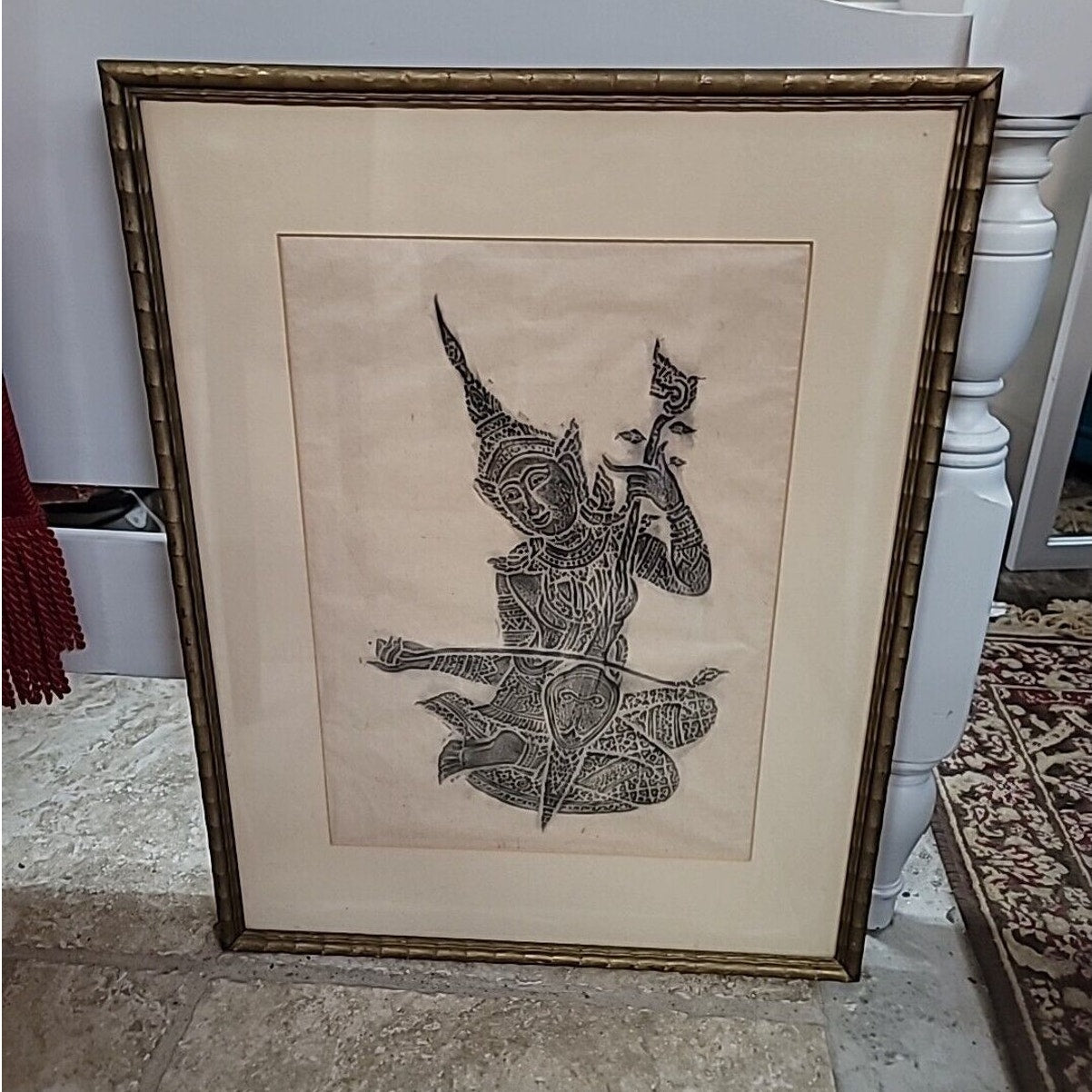 Vintage Thai temple rubbings - In Exquisite Solid Wood BAMBOO 1960s MCM Frame