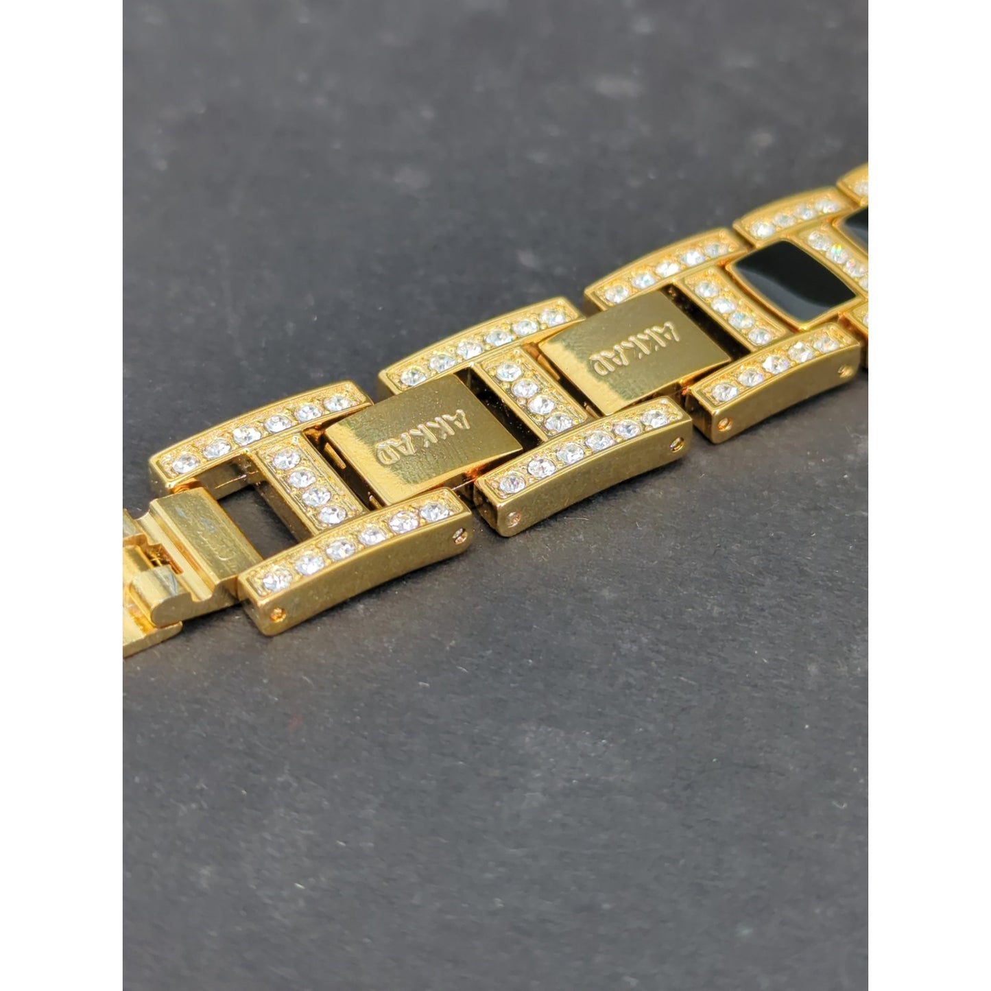 Vintage AKKAD Women's Quartz Watch Gold Tone Rhinestone Link Bracelet Tonneau
